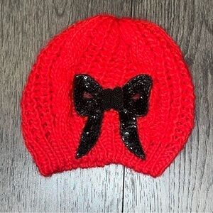 Black Sequined Bow Holiday Christmas Knit Hat